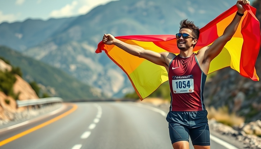 Energetic athlete celebrating with a flag during an exercise event.