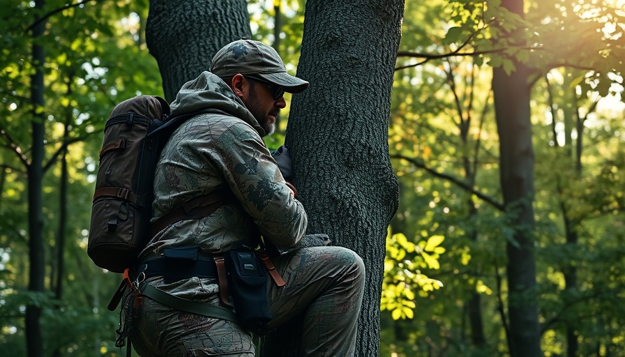 Hunter climbing with Latitude Outdoors Method 3 Saddle System in the forest.