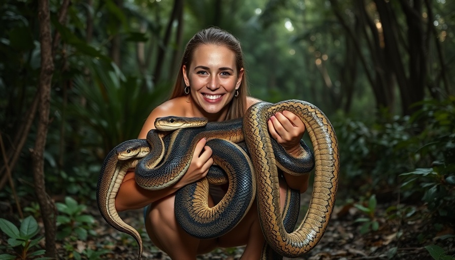 Woman at Florida Python Challenge holding pythons in forest.