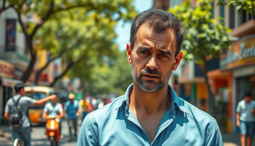 Man with excessive sweating on a sunny street, highlighting sweat miracle point awareness.