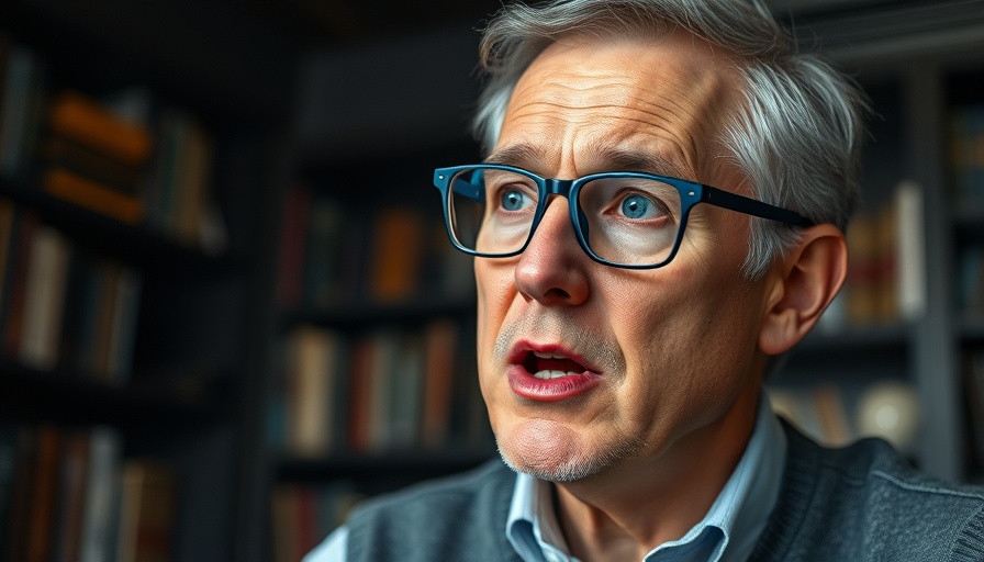 Mature man speaking passionately indoors; context of healthy food for cancer prevention.