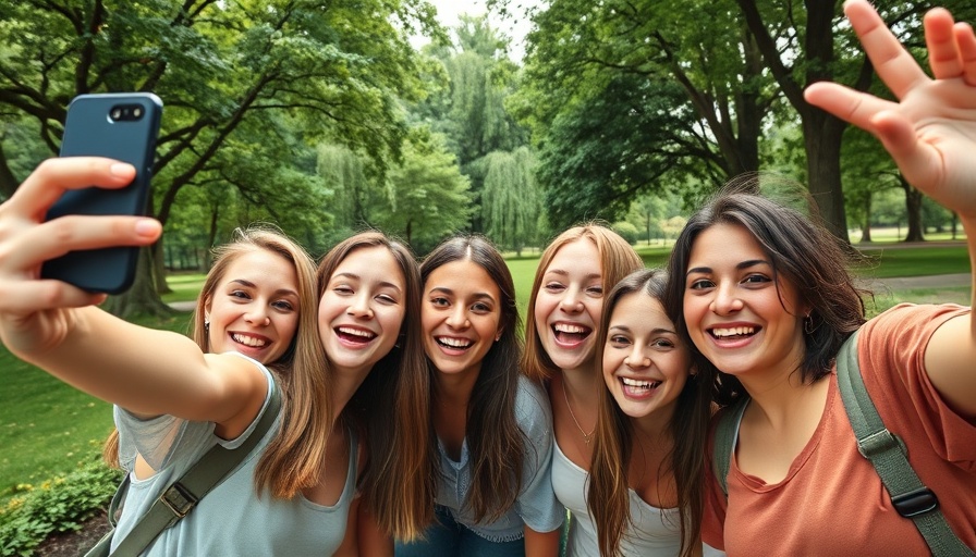 Joyful friends taking a selfie in a sunny park.