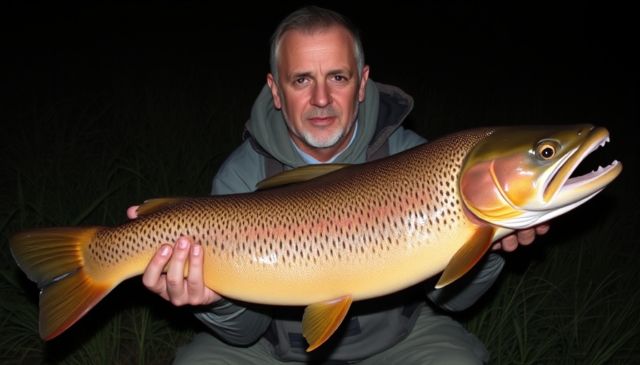 Man holding world record brown trout at night.