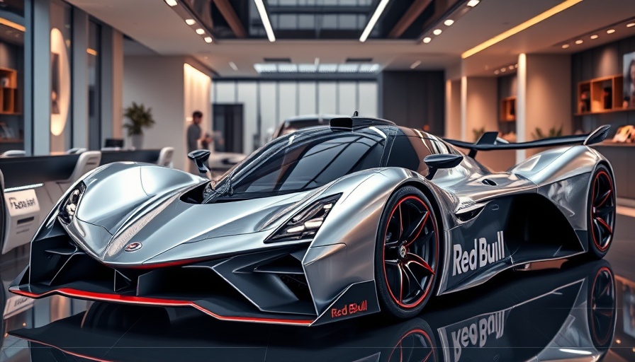 Sleek Red Bull RB17 hypercar displayed in a modern showroom.