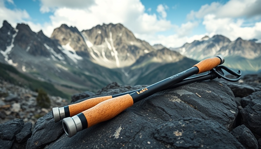 Leki Makalu Cork Lite trekking poles on mountain rock with scenic view.