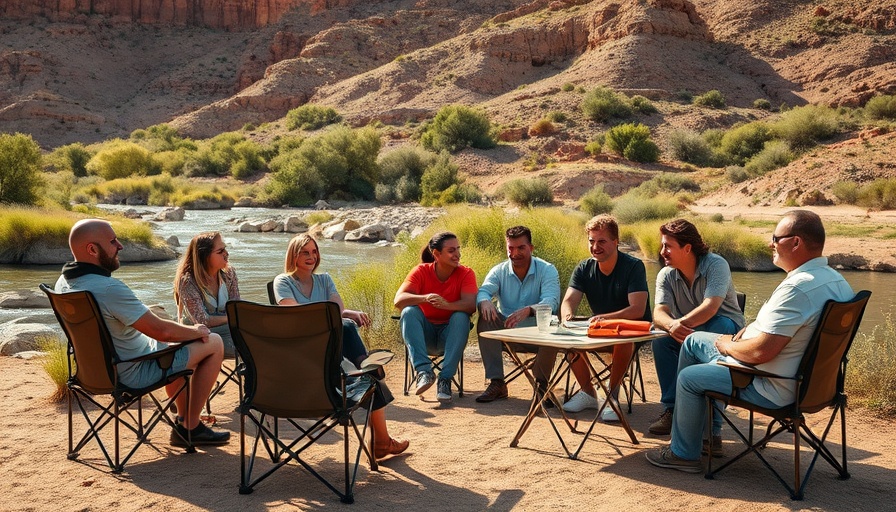 Camp setup for multiday rafting trip with people relaxing.