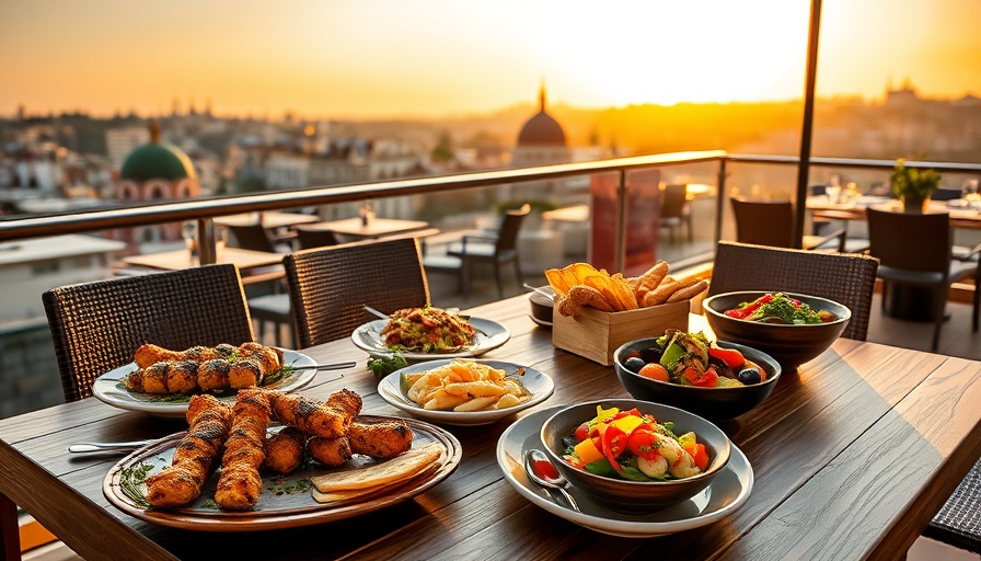 Turkish meal on rooftop with city view during sunset