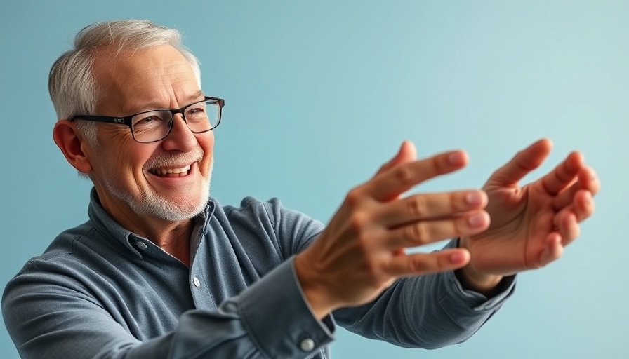 Older man demonstrating vertigo relief with hand model.