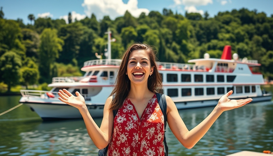 Cheerful woman in front of river cruise ship offering packing tips.