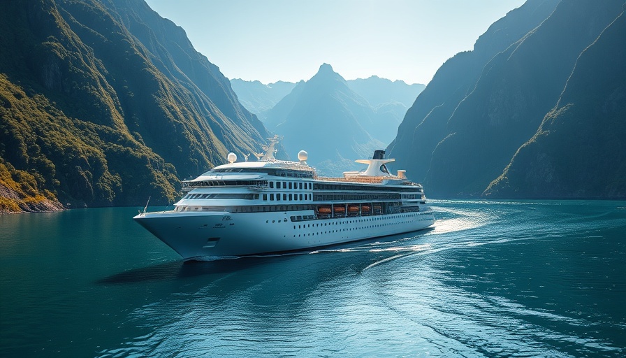 Cruise ship in Norwegian fjord for climate neutral itineraries.