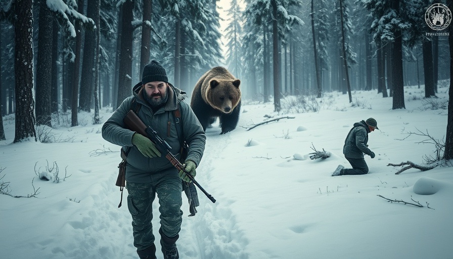 Collage depicting a hunter evading a bear and examining it in the snow.