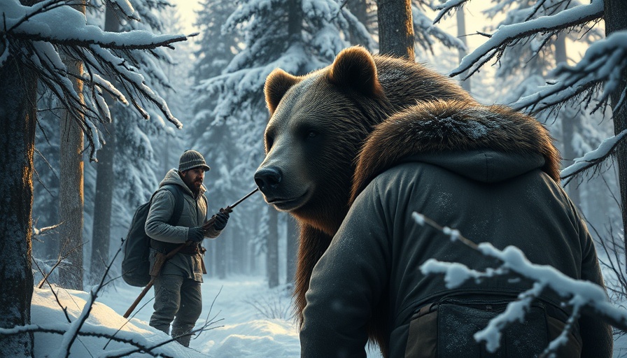 Illustration of bear encounter in snowy forest for bear safety in outdoor adventures.
