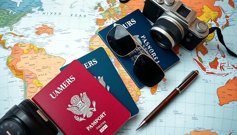Travel items with US passports on a world map, evoking adventure.