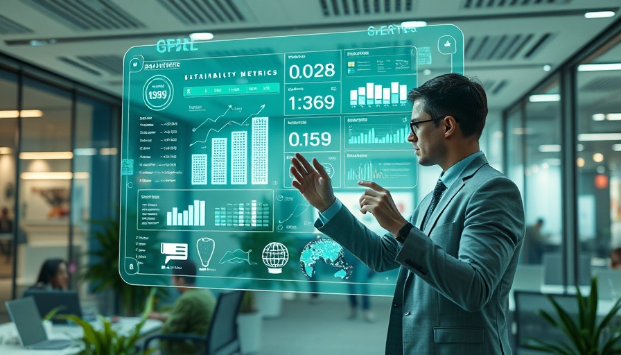 Futuristic interface on sustainability advisory services in modern office.