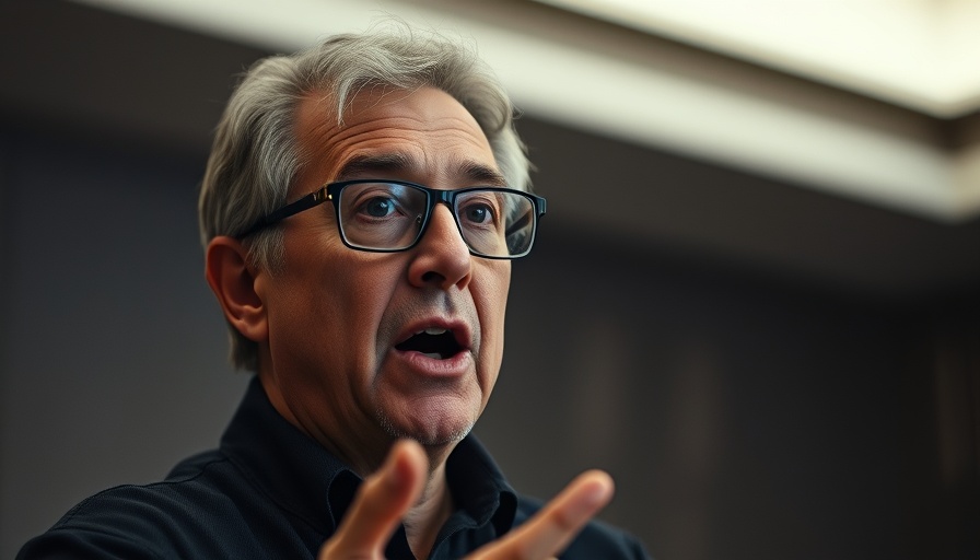 Middle-aged individual speaks passionately indoors.