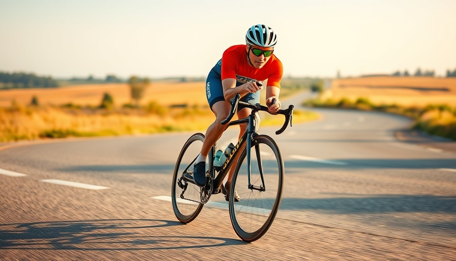 Triathlon athlete cycling on an open road, intense focus.