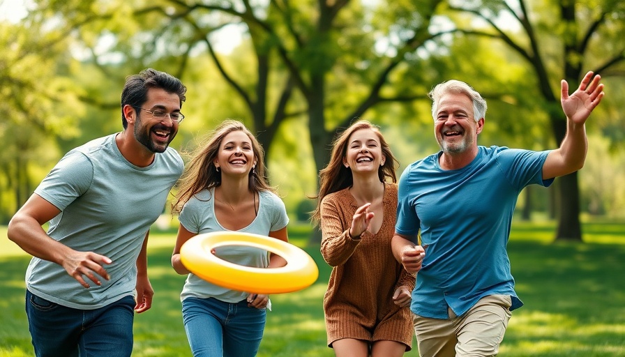 Family playing frisbee outdoors in a sunny park.