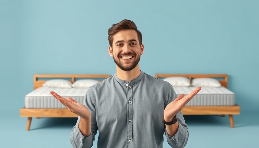 Smiling man with budget mattresses for seniors in background.