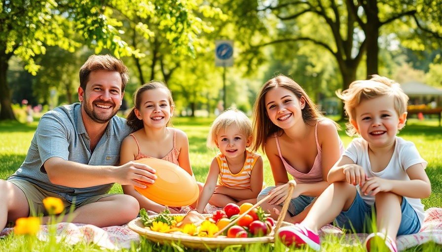 Family enjoys outdoor picnic with kids playing frisbee.
