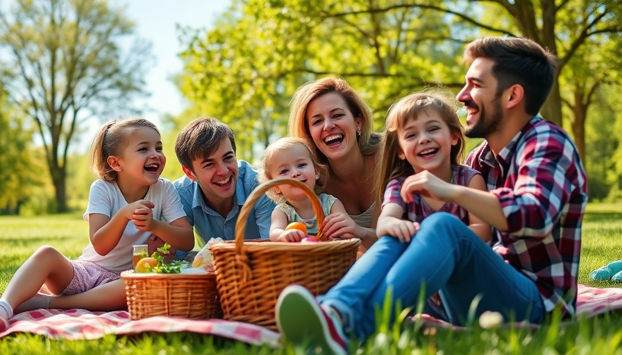 Family enjoying outdoor picnic in a sunny park, family friendly outdoor activities.
