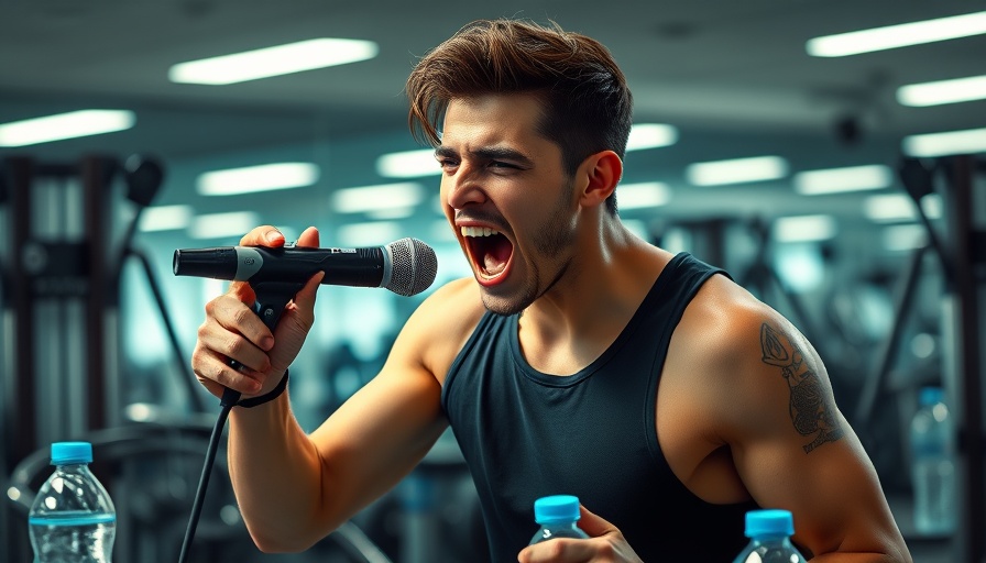 Energetic young man singing in gym with fitness gear, Fred Funk Training.