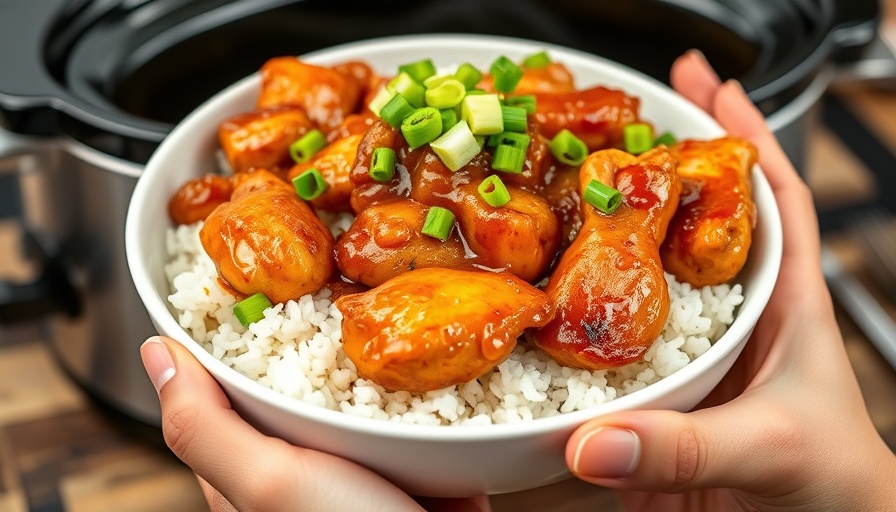 Crockpot honey garlic chicken with green onions on rice.
