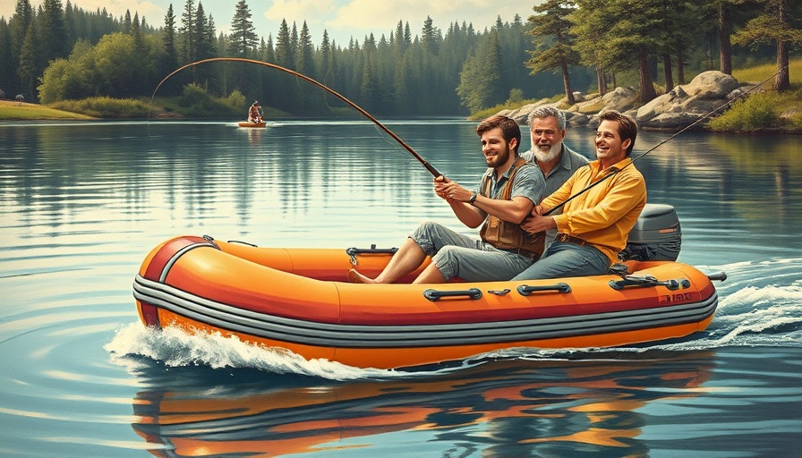 Vintage adventure illustration of Isle Royale fishing with three men catching a fish.