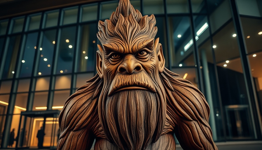 Imposing troll sculpture in front of modern glass museum building at night.