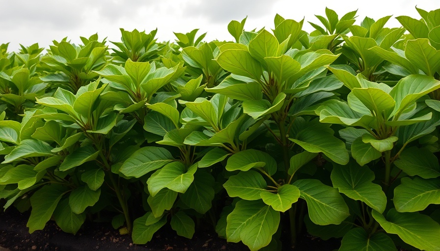 Thriving green fig plants in a garden under a cloudy sky.