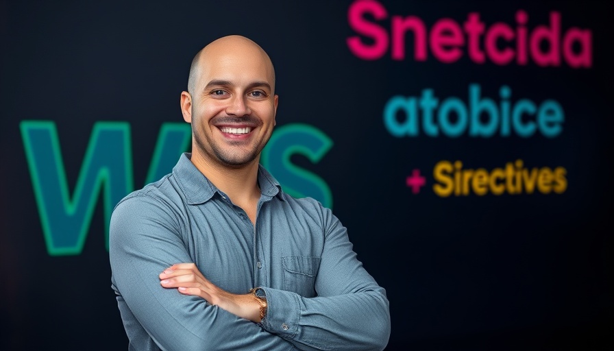 Smiling man in data streaming talk with vibrant text elements.