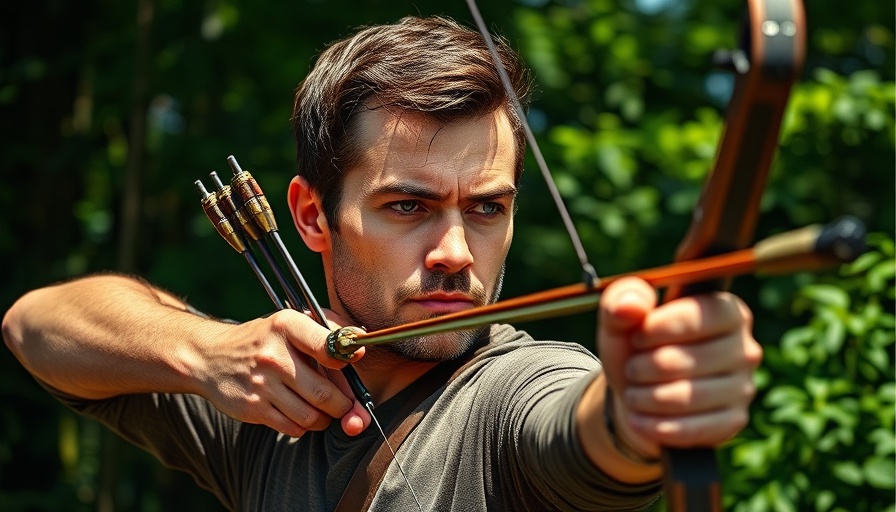 Archer aiming compound bow in forest, best budget bow for family adventures