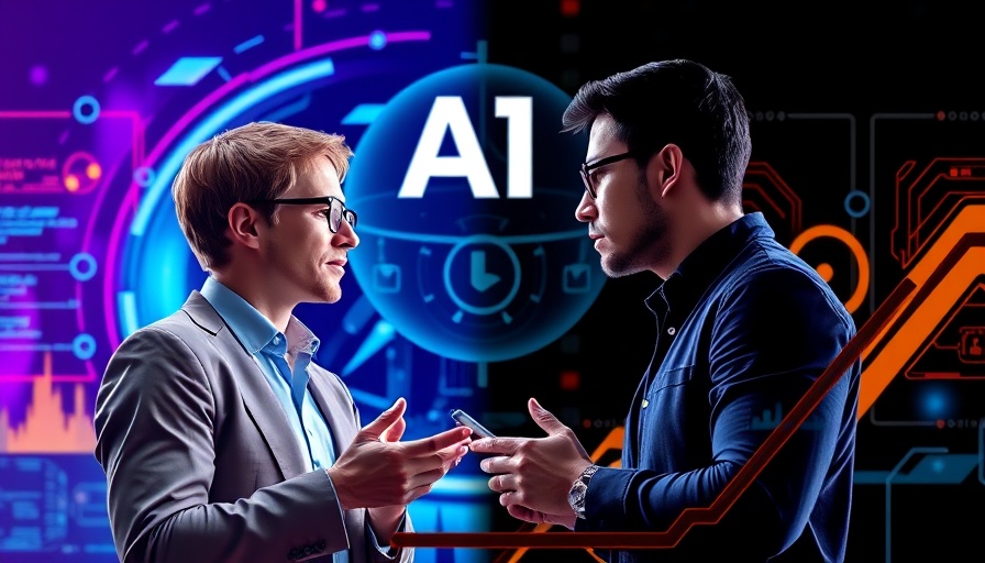 AI-driven tools for presentations poster with two professionals discussing AI and communication.