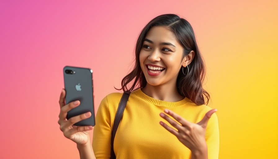 Cheerful woman with iPhone 17 Air new design backdrop.