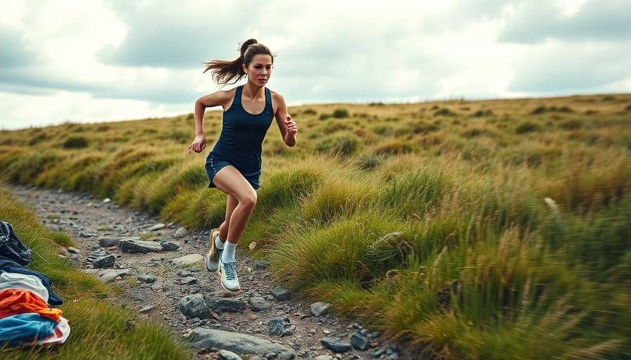 Female running in Oiselle Pockito Shorts under cloudy sky on a trail.