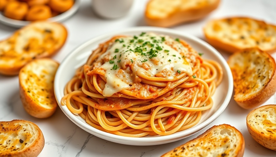 Crowd-Pleasing Spaghetti Recipe for Gatherings: baked spaghetti with garlic bread.