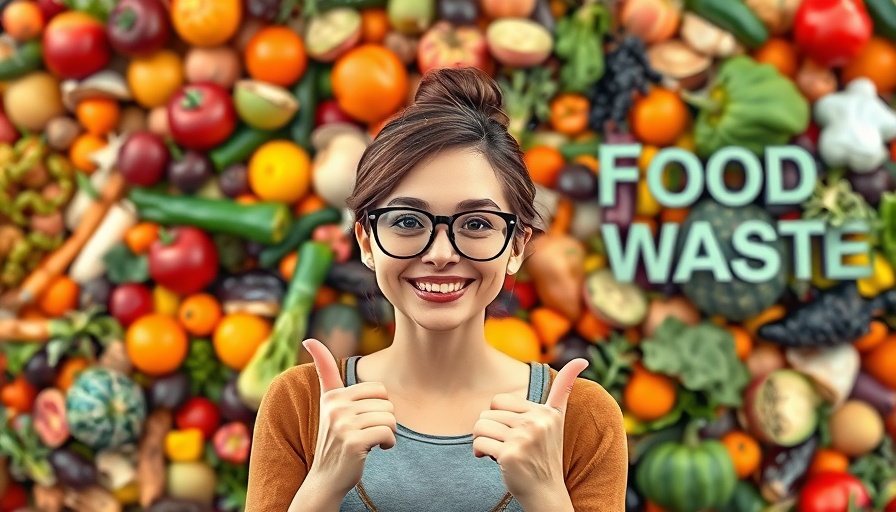Colorful food waste transformation concept, woman explaining process.