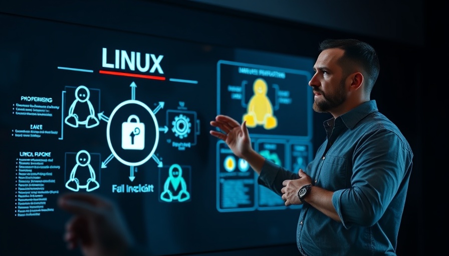 Man explaining Linux operating system applications with diagrams in background.