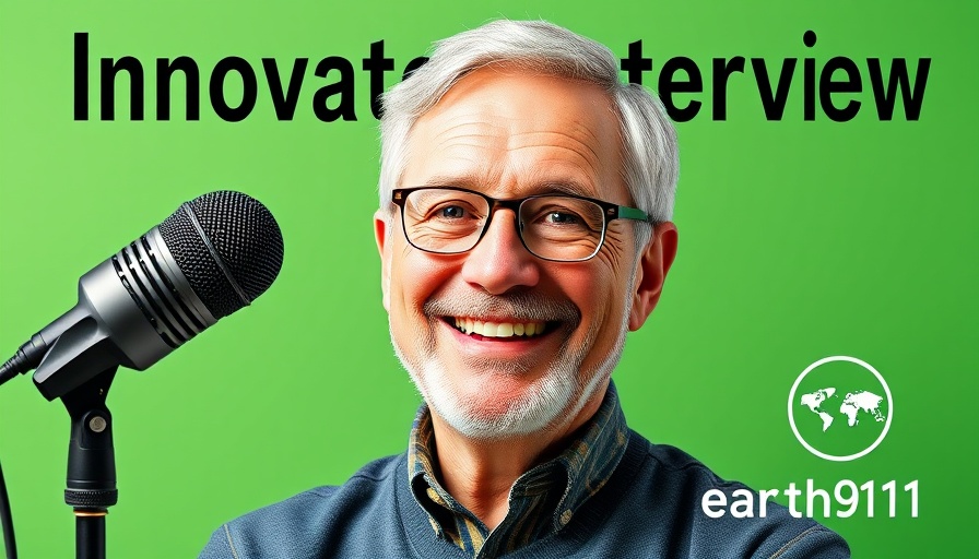 Interview poster with microphone and smiling man promoting renewable energy transition.