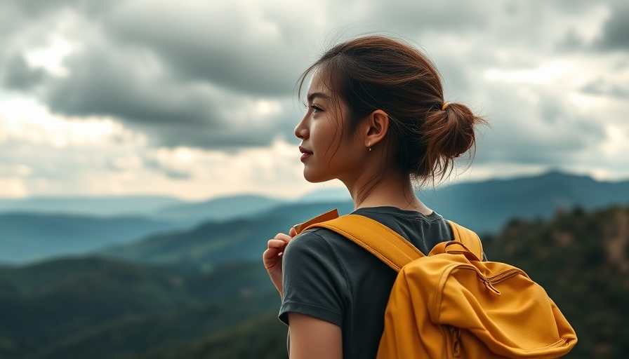 Female traveler gazing at mountains under a cloudy sky, prioritizing nature.