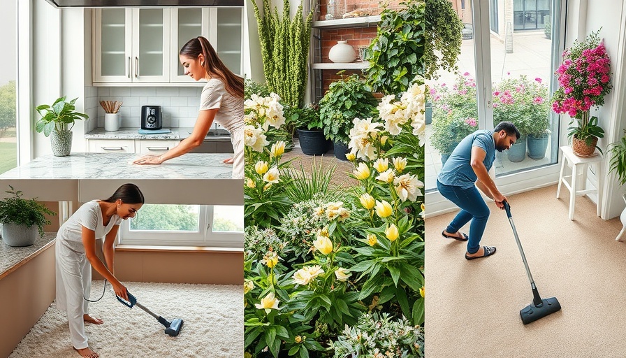 Whole house deep clean collage: cleaning, gardening, vacuuming.