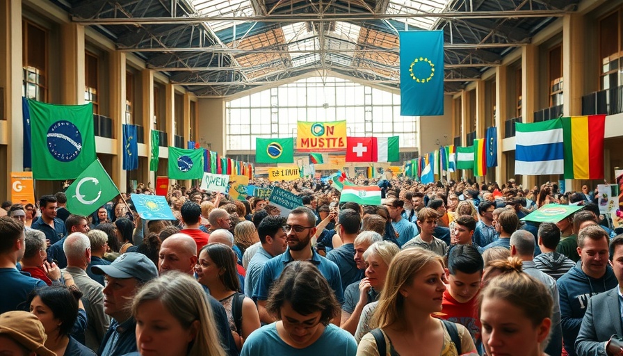 Climate awareness event in Massachusetts with attendees in a flag-adorned hall.