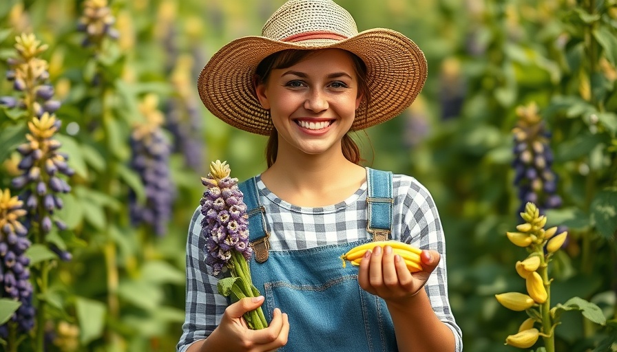 Cheerful woman with lupin beans on farm for sustainable living.