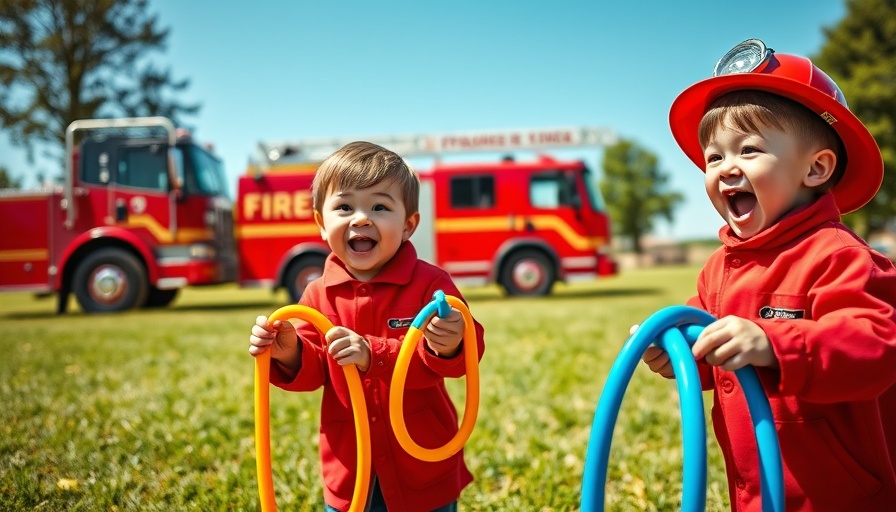 Kids in firefighter uniforms play with toy hoses in a park.