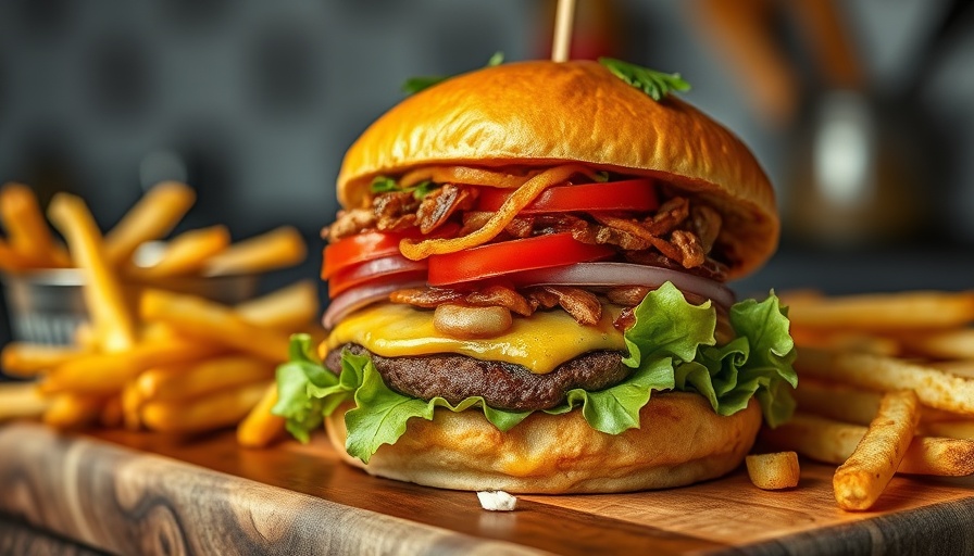 Ultimate Stuffed Loaded Burger with toppings on a wooden board