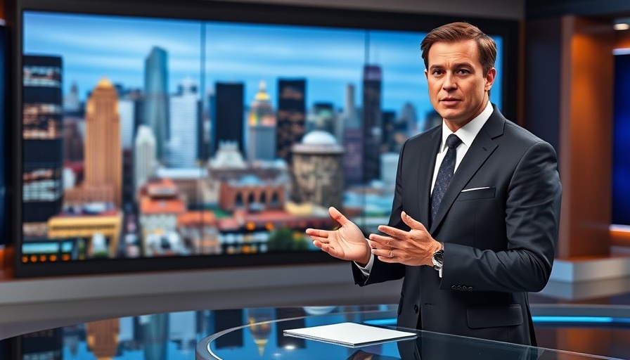 News Dayton anchor reporting in studio with city backdrop.