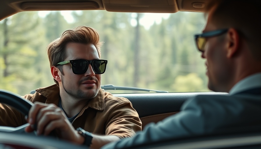 Casual man driving engagingly, blurred forest view, digital marketing content.