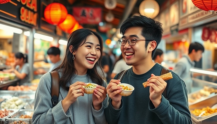 Joyful couple enjoying Korean cuisine at vibrant market.