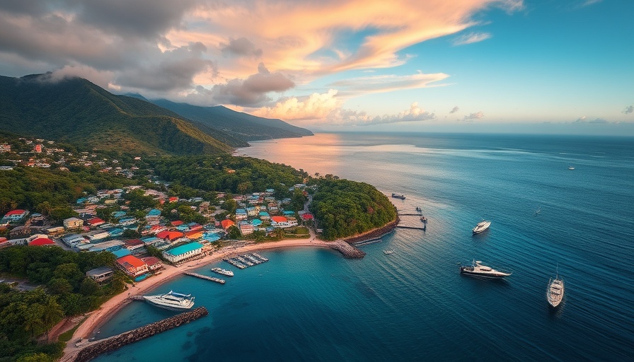 Aerial view of coastal town showcasing community-based tourism in Jamaica.