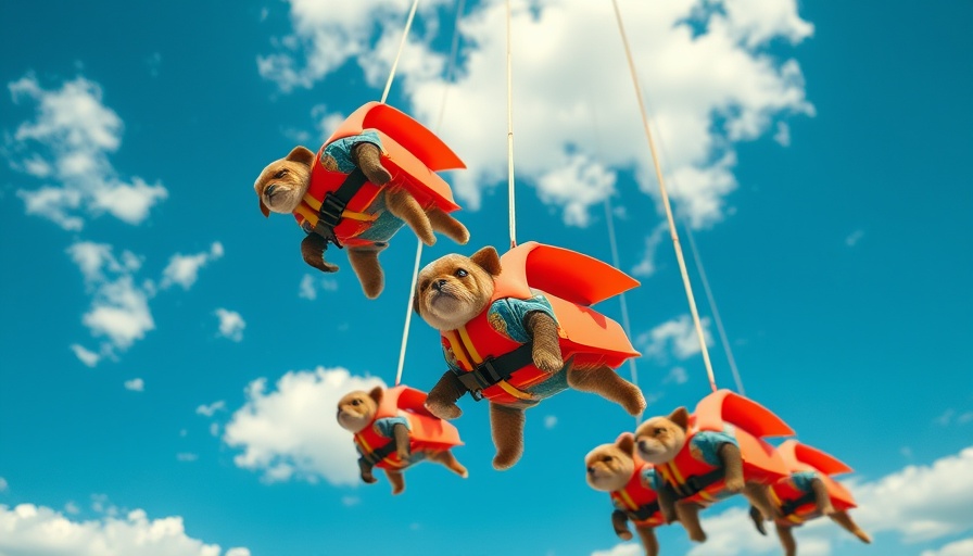 Life jackets with animals suspended in blue sky for wildlife conservation photography.