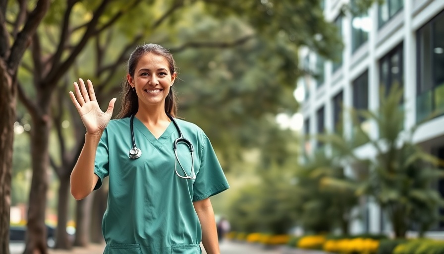 Smiling healthcare professional in green scrubs, representing new health trends outdoors.